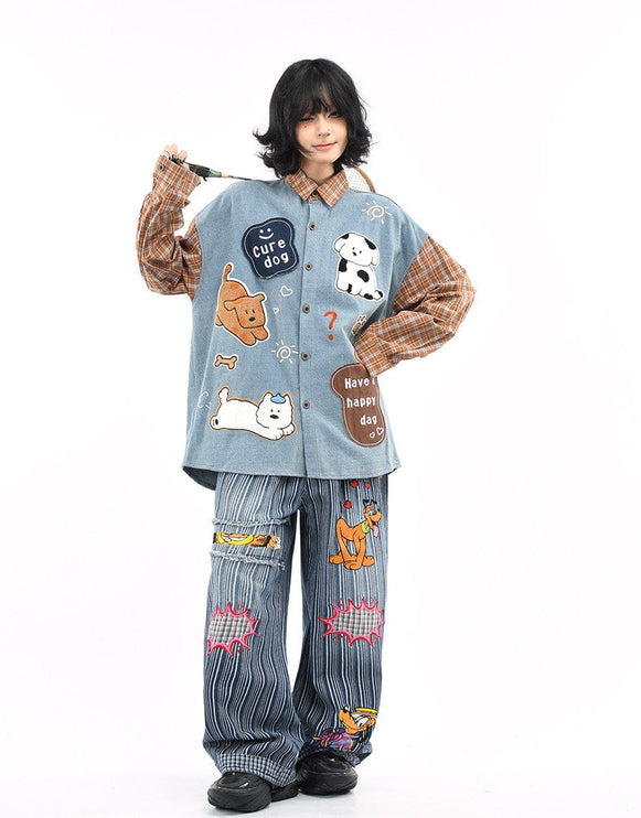 TALKLESSFASHION OV original American plaid patchwork washed denim shirt men's and women's autumn puppy towel embroidered loose long-sleeved shirt