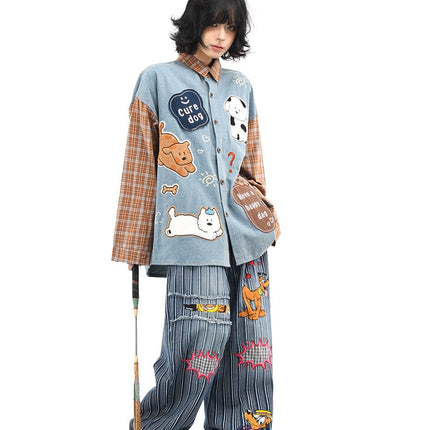 TALKLESSFASHION OV original American plaid patchwork washed denim shirt men's and women's autumn puppy towel embroidered loose long-sleeved shirt