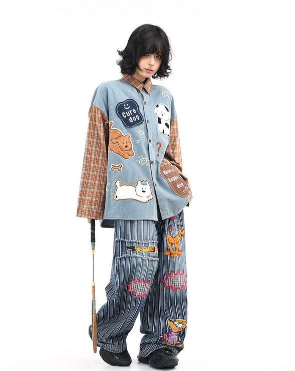 TALKLESSFASHION OV original American plaid patchwork washed denim shirt men's and women's autumn puppy towel embroidered loose long-sleeved shirt