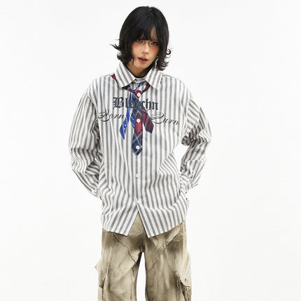 TALKLESSFASHION OV original American preppy vertical stripe tie print long sleeve shirt women's spring loose midi shirt men