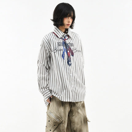 TALKLESSFASHION OV original American preppy vertical stripe tie print long sleeve shirt women's spring loose midi shirt men