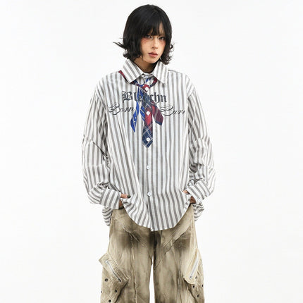 TALKLESSFASHION OV original American preppy vertical stripe tie print long sleeve shirt women's spring loose midi shirt men