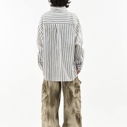 TALKLESSFASHION OV original American preppy vertical stripe tie print long sleeve shirt women's spring loose midi shirt men