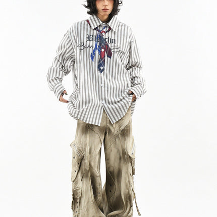 TALKLESSFASHION OV original American preppy vertical stripe tie print long sleeve shirt women's spring loose midi shirt men