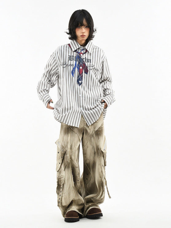 TALKLESSFASHION OV original American preppy vertical stripe tie print long sleeve shirt women's spring loose midi shirt men