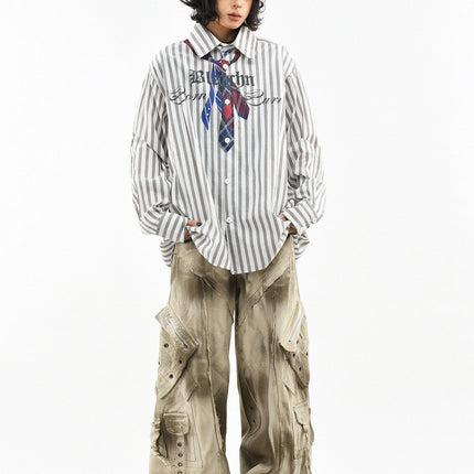 TALKLESSFASHION OV original American preppy vertical stripe tie print long sleeve shirt women's spring loose midi shirt men