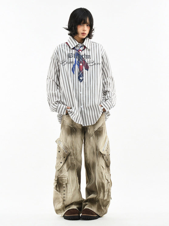 TALKLESSFASHION OV original American preppy vertical stripe tie print long sleeve shirt women's spring loose midi shirt men