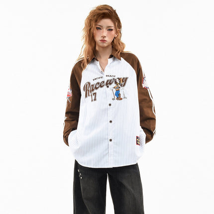 TALKLESSFASHION OV original American stripe contrast patchwork couple long sleeve shirt women's spring preppy style loose lapel shirt men