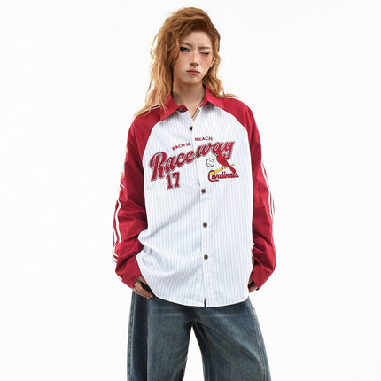 TALKLESSFASHION OV original American stripe contrast patchwork couple long sleeve shirt women's spring preppy style loose lapel shirt men