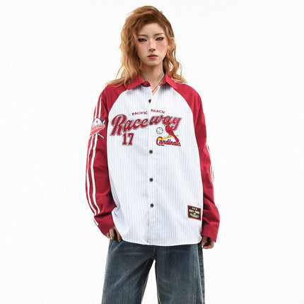 TALKLESSFASHION OV original American stripe contrast patchwork couple long sleeve shirt women's spring preppy style loose lapel shirt men