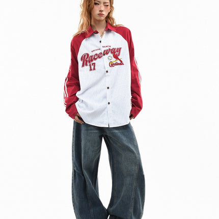 TALKLESSFASHION OV original American stripe contrast patchwork couple long sleeve shirt women's spring preppy style loose lapel shirt men