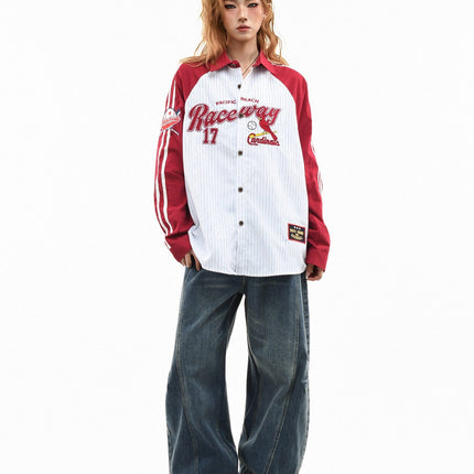 TALKLESSFASHION OV original American stripe contrast patchwork couple long sleeve shirt women's spring preppy style loose lapel shirt men