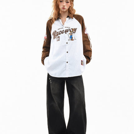 TALKLESSFASHION OV original American stripe contrast patchwork couple long sleeve shirt women's spring preppy style loose lapel shirt men