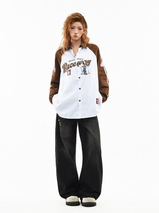 TALKLESSFASHION OV original American stripe contrast patchwork couple long sleeve shirt women's spring preppy style loose lapel shirt men