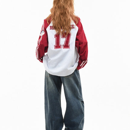 TALKLESSFASHION OV original American stripe contrast patchwork couple long sleeve shirt women's spring preppy style loose lapel shirt men