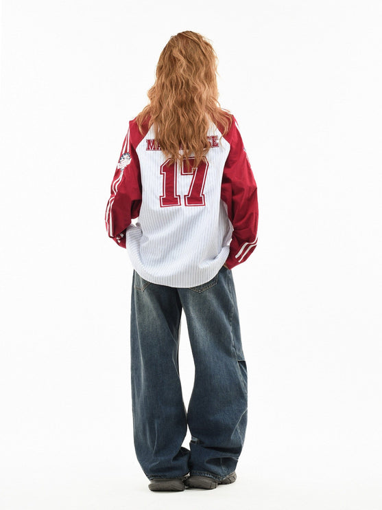 TALKLESSFASHION OV original American stripe contrast patchwork couple long sleeve shirt women's spring preppy style loose lapel shirt men