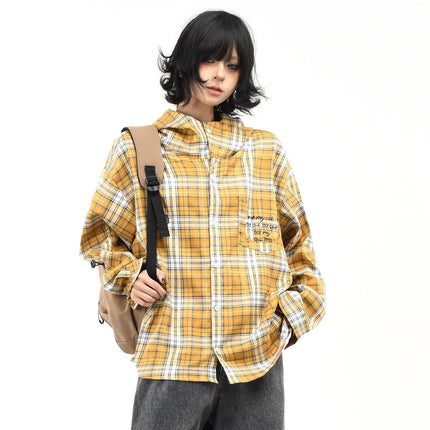 TALKLESSFASHION OV original American vintage plaid casual hooded shirt jacket men's and women's fall loose couple long sleeve shirt tide