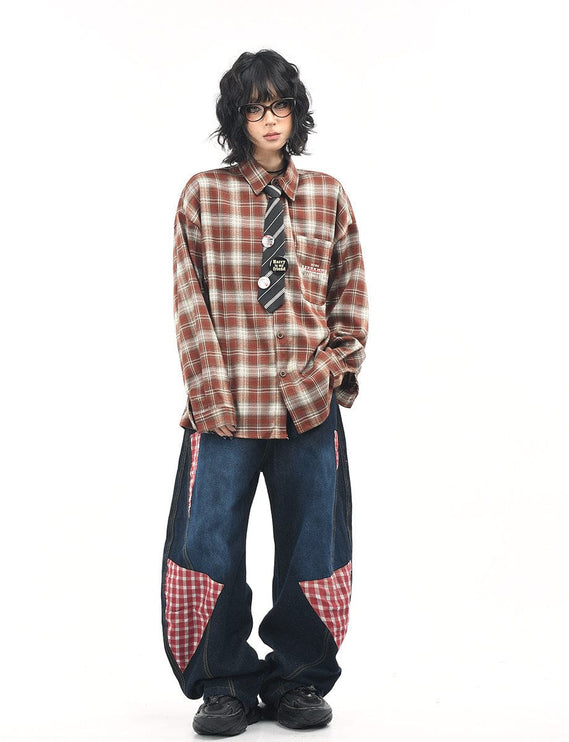 TALKLESSFASHION OV original American vintage plaid long sleeve shirt men's and women's autumn street loose tie badge design shirt trend