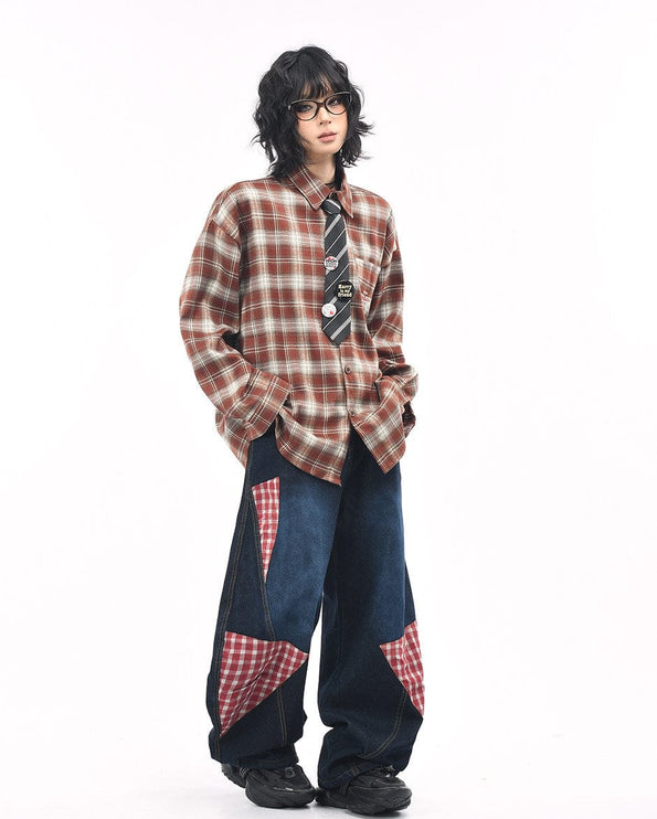 TALKLESSFASHION OV original American vintage plaid long sleeve shirt men's and women's autumn street loose tie badge design shirt trend