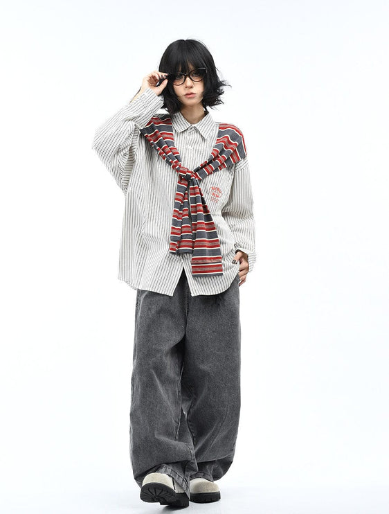 TALKLESSFASHION OV original American vintage striped shawl design long sleeve shirt men's and women's autumn street loose casual shirt trend