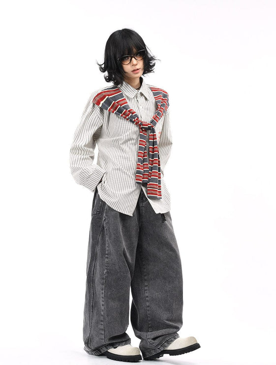 TALKLESSFASHION OV original American vintage striped shawl design long sleeve shirt men's and women's autumn street loose casual shirt trend