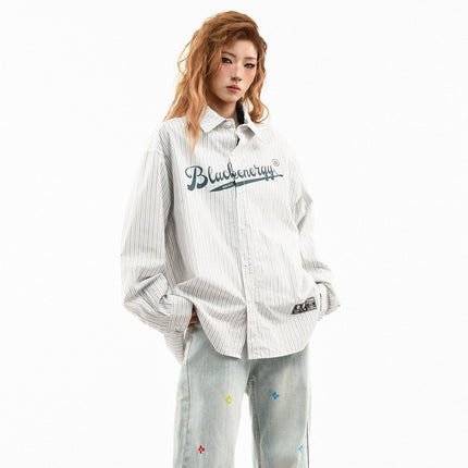 TALKLESSFASHION OV original American vintage vertical stripe letter print long sleeve shirt women's spring loose casual couple shirt men