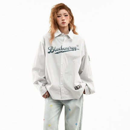 TALKLESSFASHION OV original American vintage vertical stripe letter print long sleeve shirt women's spring loose casual couple shirt men