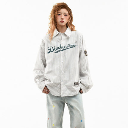 TALKLESSFASHION OV original American vintage vertical stripe letter print long sleeve shirt women's spring loose casual couple shirt men