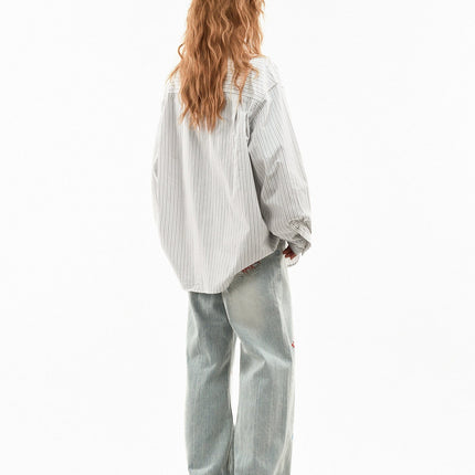 TALKLESSFASHION OV original American vintage vertical stripe letter print long sleeve shirt women's spring loose casual couple shirt men