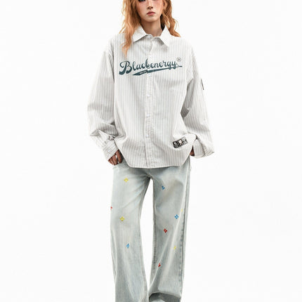 TALKLESSFASHION OV original American vintage vertical stripe letter print long sleeve shirt women's spring loose casual couple shirt men