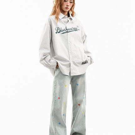 TALKLESSFASHION OV original American vintage vertical stripe letter print long sleeve shirt women's spring loose casual couple shirt men