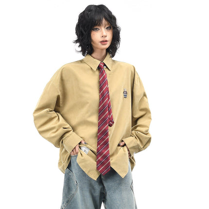 TALKLESSFASHION OV original cartoon bear embroidery collegiate style tie long sleeve shirt women's autumn loose casual versatile shirt men