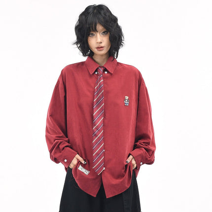 TALKLESSFASHION OV original cartoon bear embroidery collegiate style tie long sleeve shirt women's autumn loose casual versatile shirt men