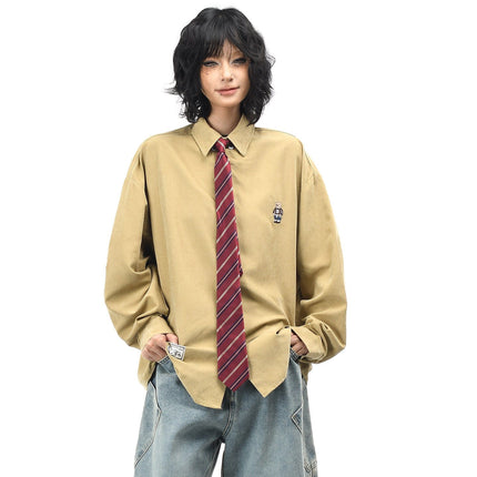 TALKLESSFASHION OV original cartoon bear embroidery collegiate style tie long sleeve shirt women's autumn loose casual versatile shirt men