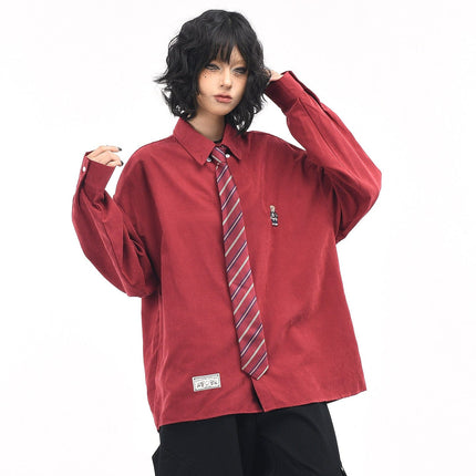 TALKLESSFASHION OV original cartoon bear embroidery collegiate style tie long sleeve shirt women's autumn loose casual versatile shirt men