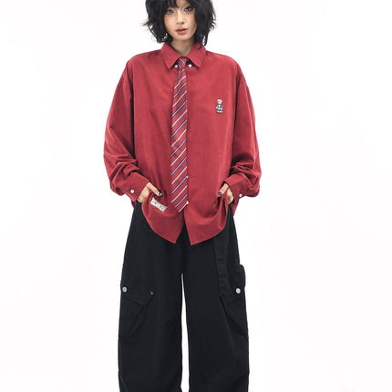 TALKLESSFASHION OV original cartoon bear embroidery collegiate style tie long sleeve shirt women's autumn loose casual versatile shirt men