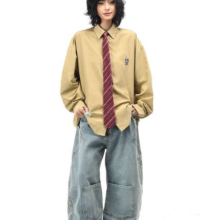 TALKLESSFASHION OV original cartoon bear embroidery collegiate style tie long sleeve shirt women's autumn loose casual versatile shirt men