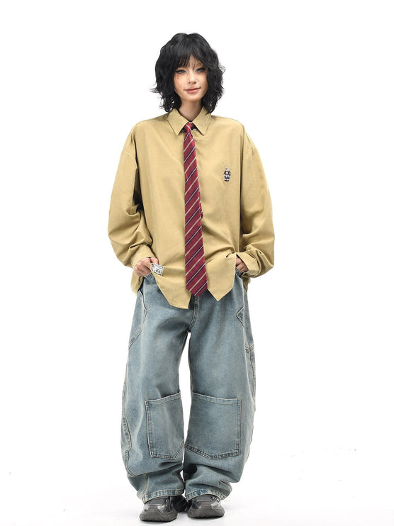 TALKLESSFASHION OV original cartoon bear embroidery collegiate style tie long sleeve shirt women's autumn loose casual versatile shirt men