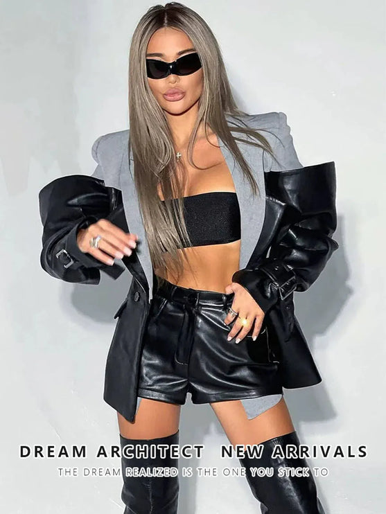 TALKLESSFASHION PU Leather Spliced Blazer Jacket