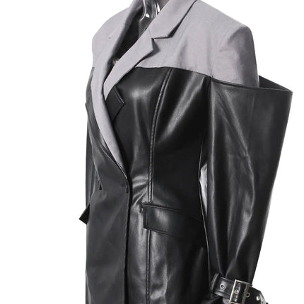 TALKLESSFASHION PU Leather Spliced Blazer Jacket