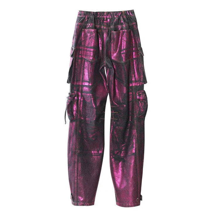 TALKLESSFASHION Purple Bronzing Wide-Leg Cargo Jeans