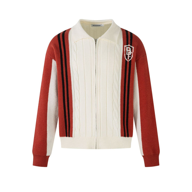 TALKLESSFASHION Red / S Color Contrast Long Sleeve Lapel Zipper Sweater —-7089