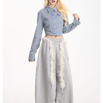 TALKLESSFASHION Retro plush belt sweatpants, women's casual loose wide-legged dancing, lazy wind, mopping the floor, slimming jazz style scimitar pants