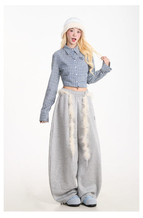 TALKLESSFASHION Retro plush belt sweatpants, women's casual loose wide-legged dancing, lazy wind, mopping the floor, slimming jazz style scimitar pants