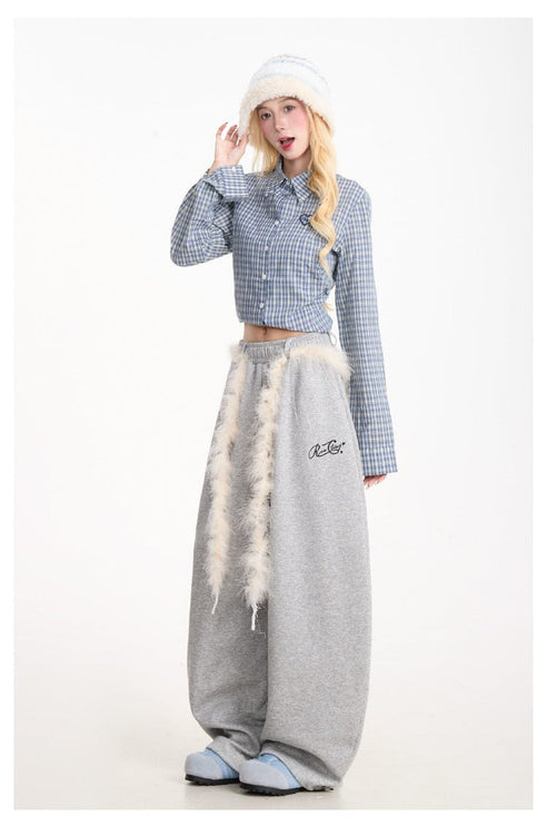 TALKLESSFASHION Retro plush belt sweatpants, women's casual loose wide-legged dancing, lazy wind, mopping the floor, slimming jazz style scimitar pants