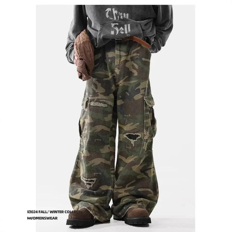 TALKLESSFASHION Ripped Camouflage cargo Pants—6799