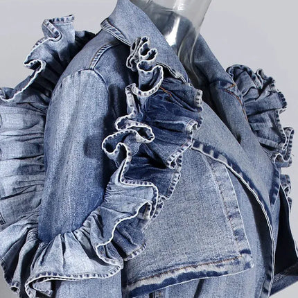 TALKLESSFASHION Ruffled Denim Long Trench Coat