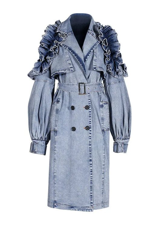TALKLESSFASHION Ruffled Denim Long Trench Coat