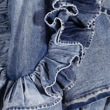 TALKLESSFASHION Ruffled Denim Long Trench Coat