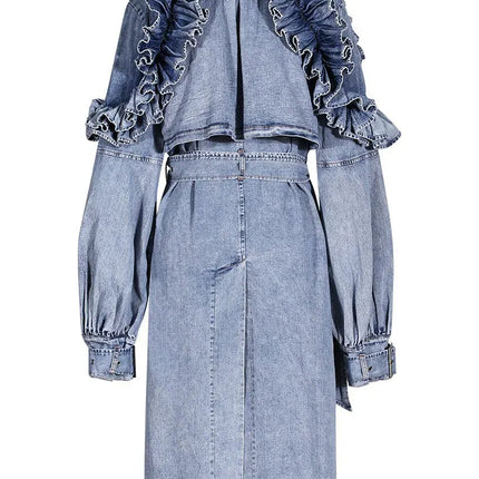 TALKLESSFASHION Ruffled Denim Long Trench Coat